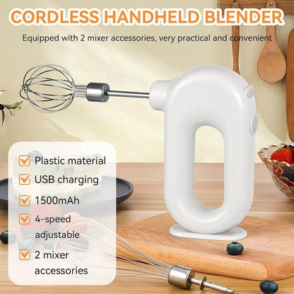 Cordless Hand Mixer, Electric Hand Whisk Portable Egg Beater Handheld Egg Beater Electric Handheld 4 Speed Adjustable Mini Hand Mixer Electric Mixer, USB Charing, 1500Mah(White)4