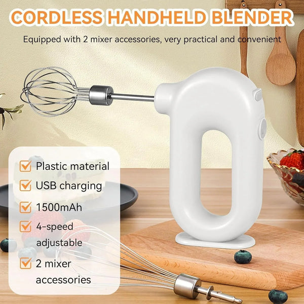 Cordless Hand Mixer, Electric Hand Whisk Portable Egg Beater Handheld Egg Beater Electric Handheld 4 Speed Adjustable Mini Hand Mixer Electric Mixer, USB Charing, 1500Mah(White)4