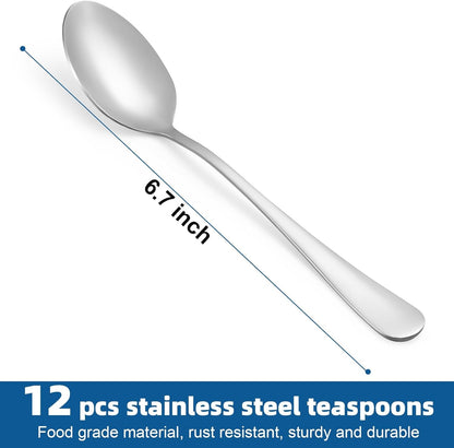 12 Pcs Teaspoons Set, Food-Grade Stainless Steel Spoons Silverware, Cutlery Tea Spoons, Durable Dessert Spoons, Metal Spoon for Home, Kitchen or Restaurant, Mirror Polished, Dishwasher Safe 6.7 Inch2