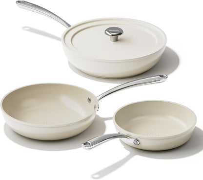 Ceramic Frying Pans, 4-Piece Non Stick Frying Pans, Non Toxic Skillet with Lid, Ceramic Cookware Set, 8" 9.5" 11" Egg Saute Pan, PFAS & PTFE & PFOA Free, Dishwasher & Oven Safe, Beige White1