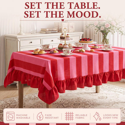Striped Ruffled Tablecloth 70 X 52 Inches Boho Pink Red Striped Decorative Table Cover Rectangle Cotton Linen Table Cloth for Home Dining Kitchen Wedding Birthday Party6