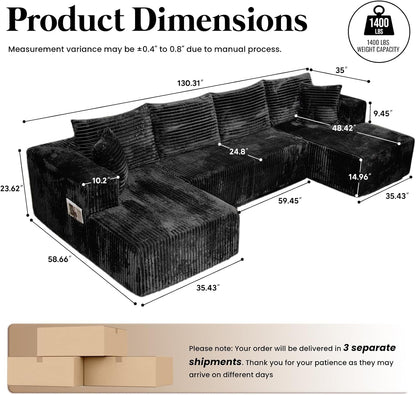 130'' U Shaped Sectional Couches for Living Room, Modular Boneless Cloud Sofa with 2 Chaise Lounges, 4-In-1 Flexible Combination Layered Foam Cushion Deep Seat Corner Couch, No Assembly Black2