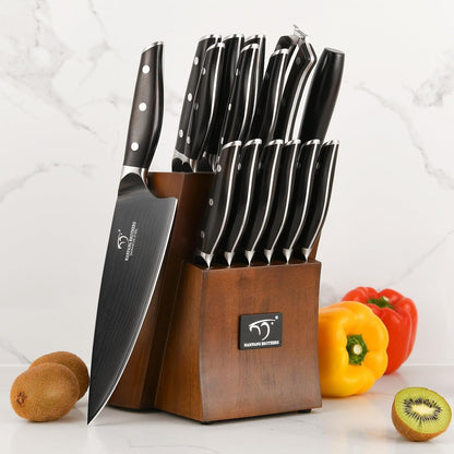 16-Piece Damascus Knife Set with Block, Ebony Wood Handle | 10Cr15Comov VG10 67-Layer Core, 60±2 HRC Sharp Edge, Ebony Wood Handle, Kitchen Shears, Sharpening Rod, 15-Slot Organizer6