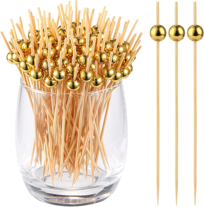 200 PCS Cocktail Picks, Fancy Toothpicks for Appetizers Bamboo Tooth Picks | Mini Gold Ball Food Sticks 4.7 Inch, Natural Wooden Decorative Skewers for Drinks Party Fruit Kebab Burger Charcuterie Board1