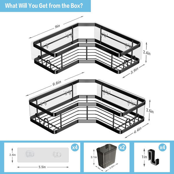 Corner Shower Caddy, 2 Pack Adhesive Shower Corner Organizer Shelves, No Drilling Stainless Steel Shower Storage Rack with Hooks&Toothpaste Holder for Bathroom Kitchen （For 90° Corners Only）6