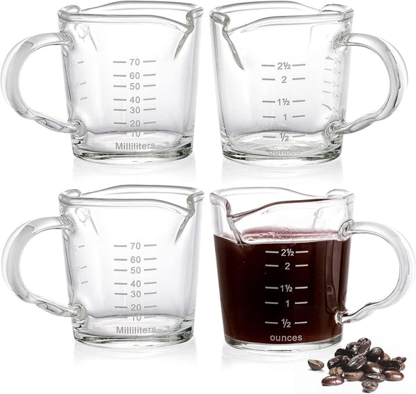 4 Pack Double Spouts Measuring Cups Espresso Shot Glass with Handle, 2.5 Oz Mini Milk Triple Pitcher Barista Clear Graduated Cups for Coffee, Wine, Bar, Party1