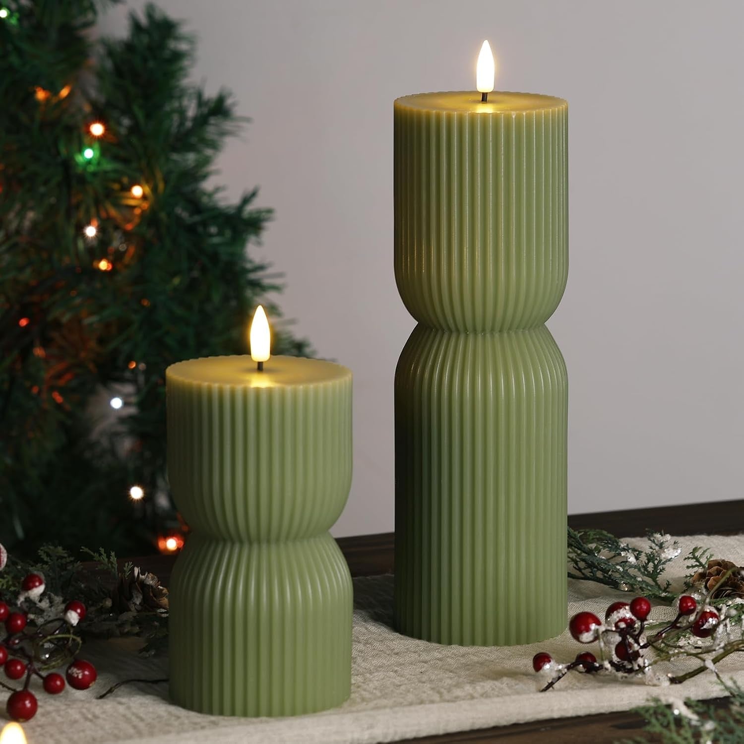 olive-green-ribbed-flameless-pillar-candles-with-remote-set-of-2