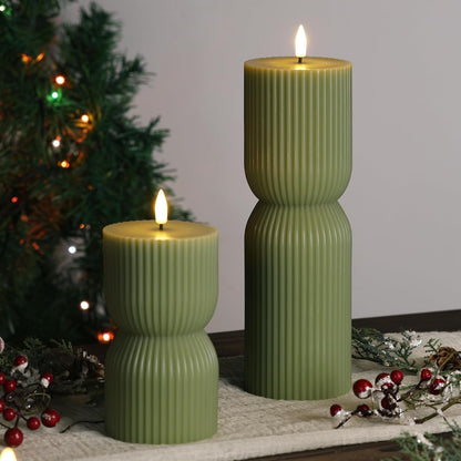 Olive Green Ribbed Flameless Pillar Candles with Remote Set of 28