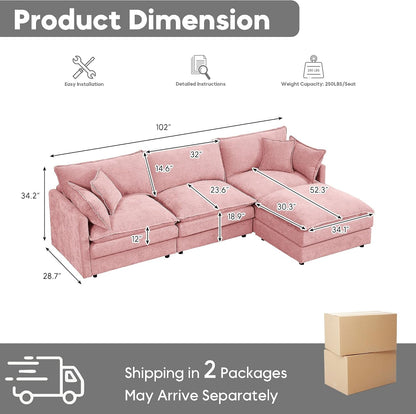 Modern 102" L Shaped Sectional Sofa Cloud Couch, Modern Chenille Comfy Modular Sleeper Sofa, Upholstery Sofa with Ottoman & Memory Foam for Living Room, Pink2