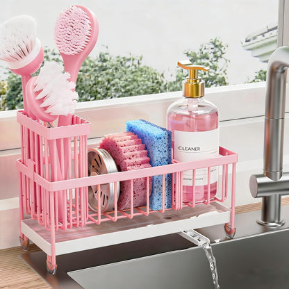 Sponge Holder for Kitchen Sink, Sink Caddy Organizer with High Brush Holder, Kitchen Countertop Organizers and Storage Essentials, Rustproof 304 Stainless Steel (Pink, 9.25″)1