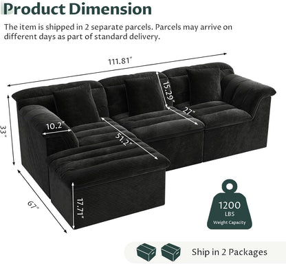 112" Modular Cloud Sectional Couch with Ottoman, Modern Upholstered Compressed Sofa with Deep Seat, Comfy L-Shape Corduroy Couches for Living Room, No Assembly Required, Black2