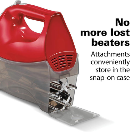 6-Speed Electric Hand Mixer with Quickburst and Bowl Rest | 275 Watt Motor | Traditional Beaters | Whisk | Dough Hooks | Snap-On Storage Case | Red | 62633G4