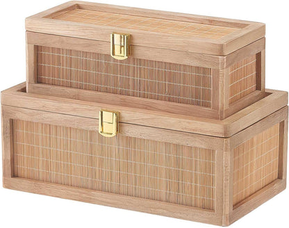 Natural Bamboo Decorative Box with Lids, Unique Decorative Boxes Set of 2, Boho Wedding Keepsake Box, Memory Box with Lid for Crafts, Trinkets and Photo Storage1