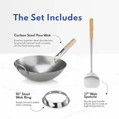 Carbon Steel Wok Set - 14" round Bottom, Hand Hammered with Wood and Steel Helper Handle, Includes Rack/Ring and Spatula (Hand Wash Recommended)2