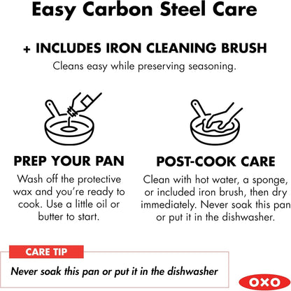 OXO Obsidian 10” Carbon Steel Frying Pan, Pre-Seasoned Skillet with Iron Cleaning Brush, Builds Natural Nonstick with Use, Induction Ready, Oven Safe, Removable Silicone Handle5