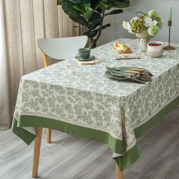 Rustic Tablecloth Solid Cotton Fabric Bordered Retro Tablecloths Classic Plant Leaf Printed Linen Fabric Table Cover Farmhouse Decoration 55X102 Inches Rectangle/Oblong Green for Kitchen5