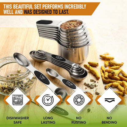 Magnetic Measuring Cups & Spoons Set of 15 with Levelers, Black | Patented Stackable Stainless Steel Measuring Cups & Heavy Duty Metal Measuring Spoons for Dry & Liquid Ingredients2