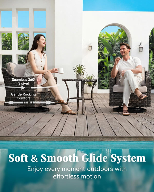 Patio Furniture Set 3 Pieces Luxury Outdoor Bistro with Swivel Rocker Chairs and Side Table, Easy Assembly Conversation Set for Porch Deck Balcony Yard in Gray Wicker and Beige Cushions3