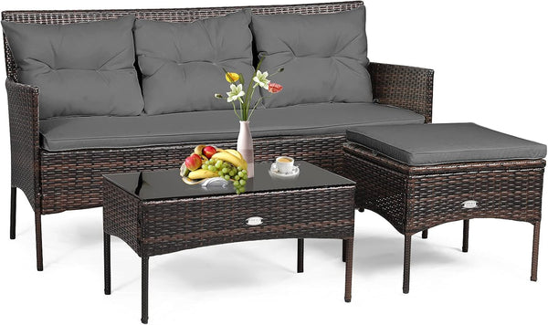 3 Pieces Patio Furniture Sectional Set, Rattan Wicker Conversation Set W/ 5 Cozy Seat & Back Cushions, Tempered Glass Coffee Table for Poolside, Balcony, Backyard Outdoor Furniture (Gray)1