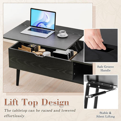 Lift Top Coffee Table, Wood Coffee Table for Living Room Home Black | Wood,Lift Top, Hidden Compartment, Storage Shelf, Center Table, Home, Living Room, Office3