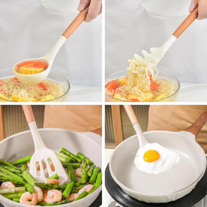 Kitchen Cooking Utensils Set 6Pcs Non-Stick Silicone Kitchen Utensils Spatula Spoon Turner Ladle Pasta Server, Heat Resistant Wooden Handle Silicone Cooking Gadgets Sets for Cookware & Baking9