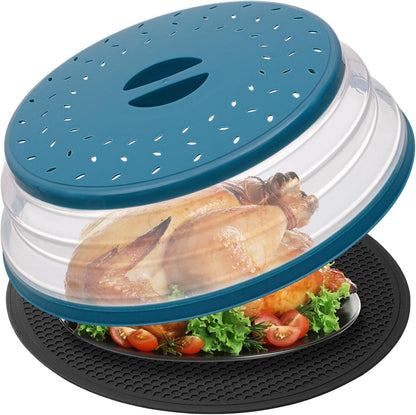 Large Microwave Splatter Cover & Silicone Mat,12 Inchs Vented Collapsible Guard Dish Plate Lid & round Kitchen Mat for Food1