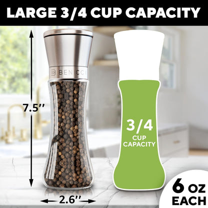 Manual Salt and Pepper Grinder Set of 2, Refillable Stainless Steel Mills | Adjustable Coarse to Fine Ceramic Burr, Easy Clean Wide Mouth Design, Includes Silicone Funnel plus Cleaning Brush, No Mess4
