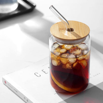Drinking Glasses with Bamboo Lids and Glass Straw 2PCS Set, 16Oz Glass Cups with Lids and Straws, Beer, Iced Coffee Glasses, Soda, Gift 1 Cleaning Brushes2