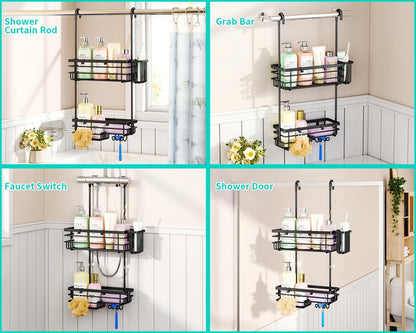 Hanging Shower Caddy – for Renters & Small Bathrooms, Fits Shower Curtain Rods, No Drilling, 2 Rustproof 304 Shelves, 4 Hooks, and a Detachable Toothbrush Holder You Can Rinse - Black4