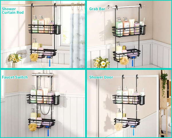 Hanging Shower Caddy – for Renters & Small Bathrooms, Fits Shower Curtain Rods, No Drilling, 2 Rustproof 304 Shelves, 4 Hooks, and a Detachable Toothbrush Holder You Can Rinse - Black4