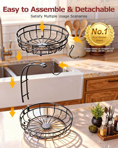 2 Tier Modern Fruit Basket for Kitchen Counter with 2 Banana Hook | Space-Saving Vertical Storage for Veggies, Bread, Snacks, Fits under Cabinets, Includes Protective Mats to Prevent Bruising2