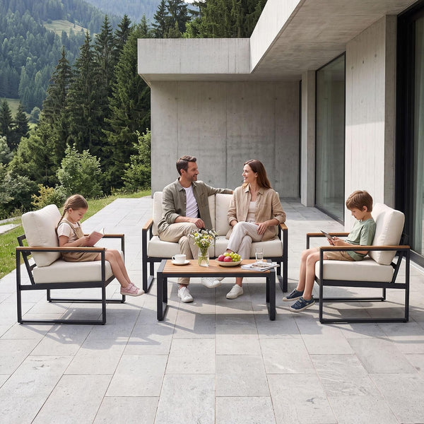 4 Piece Metal Patio Furniture Set with Coffee Table Beige7