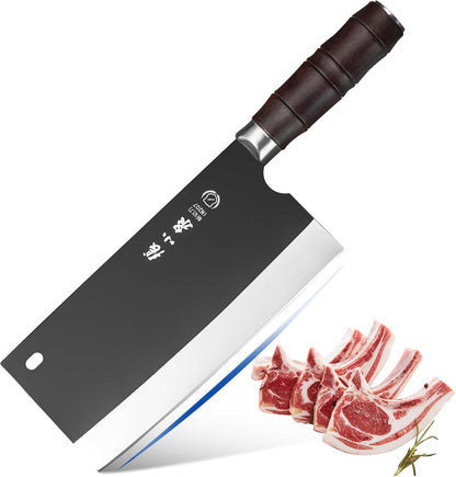 Meat Bone Cleaver Knife Heavy Duty, Hand Forged Butcher with Sheath for Kitchen Outdoor Camping BBQ Gift for Men, Black1