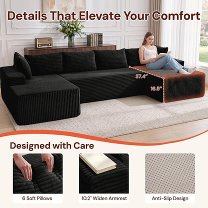 133" Oversized Modular Sectional Sofa, U-Shaped Boneless Couch with Double Chaise, Comfy Corduroy Cloud Couch Sectional, Deep Seat Sectional Couches for Living Room, No Assembly Required, Black7