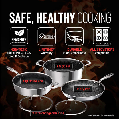 Hell’S Kitchen 5-Piece Hybrid Cookware Set, Tri-Clad Stainless Steel & Pfas-Free Ceramic Nonstick, No PFOA, No PTFE, No Teflon, Non Toxic Cookware, Metal Utensil Safe, All Cooktops & Oven Safe | Tri Clad Stainless Steel, PFAS Free Ceramic Nonstick, No PFOA or PTFE, Metal Utensil Safe, All Cooktops, Oven Safe2