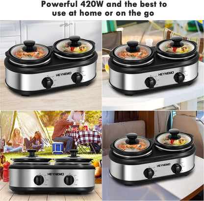 Double Slow Cooker, Buffet Servers and Warmers, Dual 2 Pot Slow Cooker Food Warmer, Adjustable Temp Dishwasher Safe Removable Ceramic Pot Glass Lid, 2 X 1.25 QT Portable Small Crock Cooker9