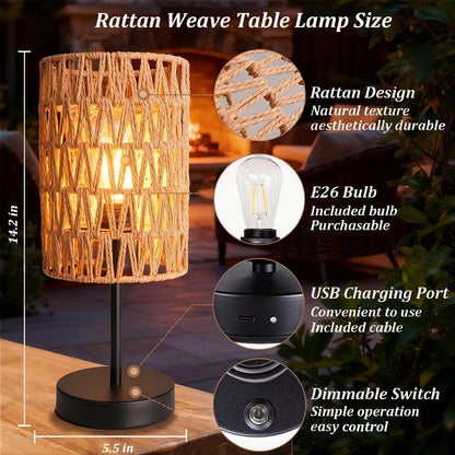 Rechargeable Outdoor Table Lamps, Rattan Boho Cordless Battery Operated Table Lamps, Patio Lamp for Living Room, Balcony, Bedside Decor- Set of 2 (Beige)6