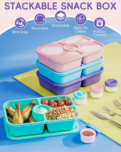 4 Pcs Bento Snack Box Containers, 4 Compartment Divided Stackable Food Storage Containers with Lids, Meal Prep Lunch Container with Sauce Cups3