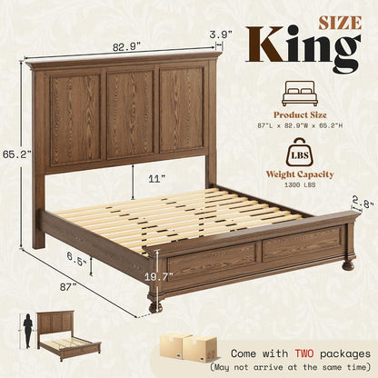Solid Wood King Bed Frame with 65.2" High Headboard2