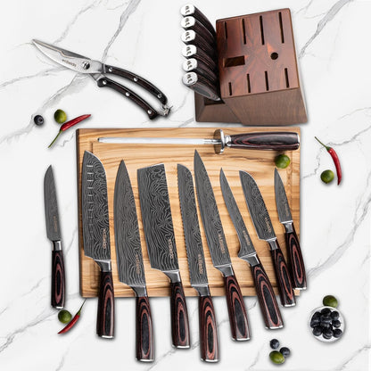 Seido Master 17-Piece Damascus Knife Block Set, Acacia Wood Block2