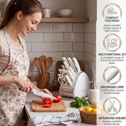 15-Piece White Knife Set with Block & Built-In Sharpener | Dishwasher Safe Cutlery Set Includes 6 Chef Knives, 6 Steak Knives & Scissors, Non-Stick Anti-Rust Coating, Ergonomic Grips7
