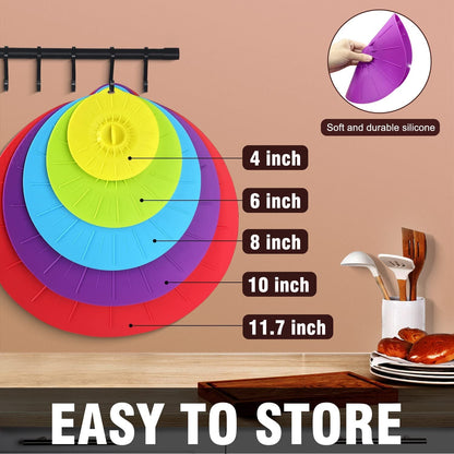 Silicone Lids - 5 Pack Heat Resistant Microwave Splatter Cover, Reusable Silicone Suction Lids for Food Storage Fits Bowls, Cups, Skillets, Plates, Pots, Pans Stovetop, Oven, Fridge Safe5