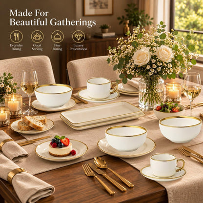 32-Piece Ceramic Dinnerware Set for 6, White Tableware Set with Gold Trim, Dinner Plates, Salad Plates, Bowls, Mugs & Rectangular Serving Platters for Everyday Dining, Home & Housewarming Gift6