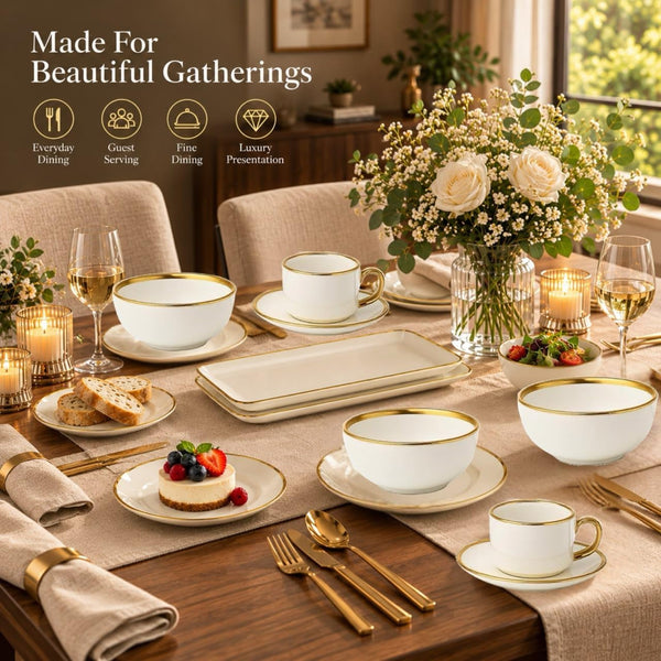 32-Piece Ceramic Dinnerware Set for 6, White Tableware Set with Gold Trim, Dinner Plates, Salad Plates, Bowls, Mugs & Rectangular Serving Platters for Everyday Dining, Home & Housewarming Gift6