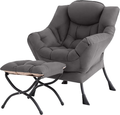 Lazy Chair with Ottoman, Comfy Reading Accent Chair, Dark Grey | Foldable Footrest, Padded Seat and Backrest, Side Pocket for Lounging in Living Rooms, Bedrooms, Dorms and Small Spaces1