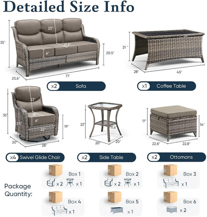 Luxury 6" Thick Cushioned 11 Pieces Patio Furniture Set with Outdoor Couch, Wicker Outdoor Conversation Set with High Back Swivel Rocker Chairs for Deck Porch Yard and Poolside - Grey+Grey2