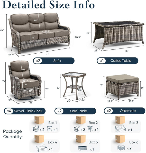 Luxury 6" Thick Cushioned 11 Pieces Patio Furniture Set with Outdoor Couch, Wicker Outdoor Conversation Set with High Back Swivel Rocker Chairs for Deck Porch Yard and Poolside - Grey+Grey2