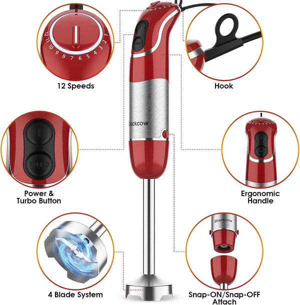 Immersion Blender Handheld, Corded Hand Blenders Set 800W, 12 Speed Stick Blender 5 in 1 Stick Emulsifier with Chopper, Whisk and Frother for Soup, Baby Food and Smoothies, Red3