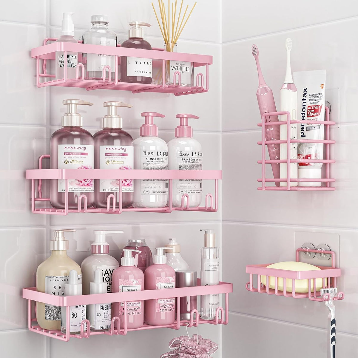 5-pack-shower-caddy-for-inside-shower-pink-bathroom-decor-set