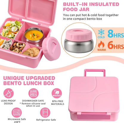 Bento Lunch Box with 9.5 Oz Soup Thermo, Kids Leakproof 4 Compartments Bento Box with Silicone Cupcake,Fruit Fork,Spoon and Sauce Cup,Insulated Food Jar for School Travel-Pink4